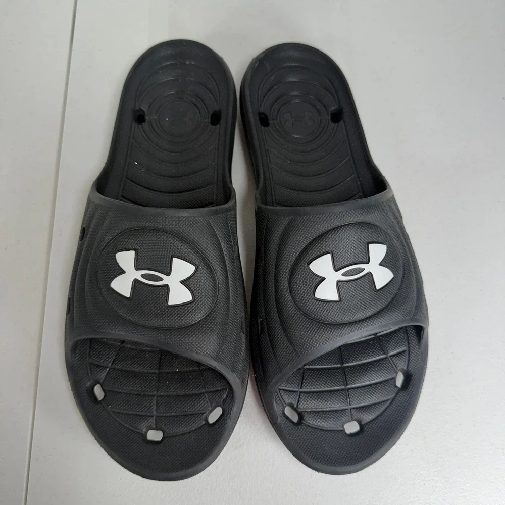 Under Armour Size 12 Slide Locker IV Black White Athletic Pool Gym Sandals